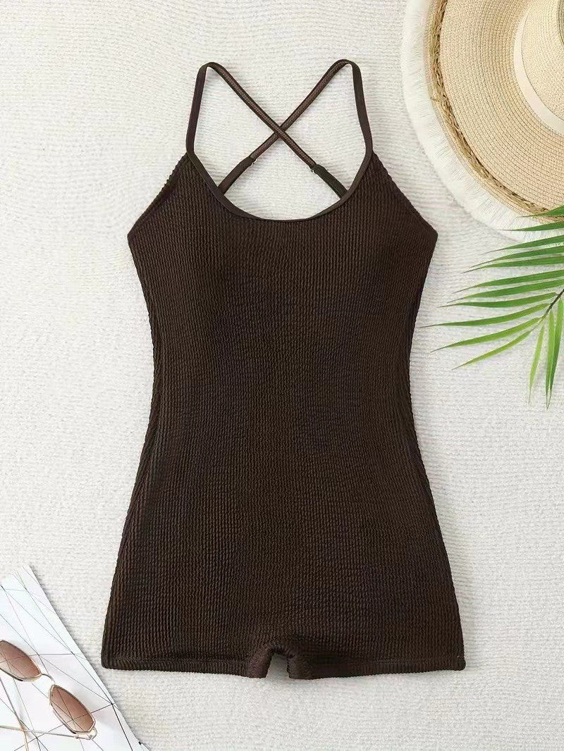 Versatile women's ribbed one-piece monokini swimsuit, suitable for athletic beach sports, aquatic wear & summer.