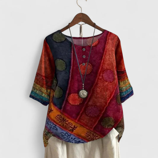 Women's Auralie elegant boho patchwork top with long sleeves & vibrant print, perfect for fall or spring casual wear.