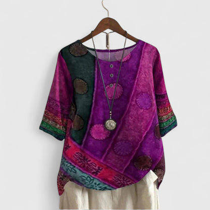 Comfortable Auralie women's boho patchwork top, relaxed fit with long sleeves and vibrant unique design for spring/fall.