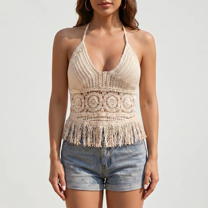Hand-knitted look women's crochet halter top, backless, cropped, chic bohemian summer style.