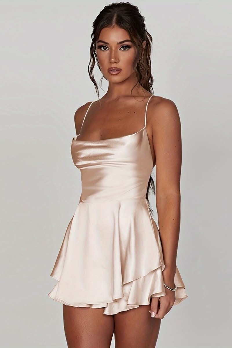 Chic backless halter party dress for women, mini length, perfect for special occasions.