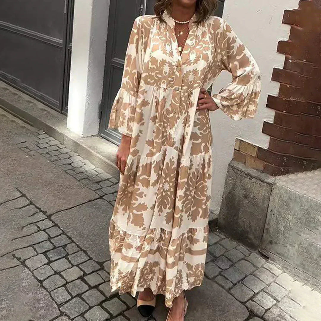 Women's Baroque Print Boho Maxi Dress with elegant lantern sleeves, flowy tiered skirt, and V-neck, perfect for summer.