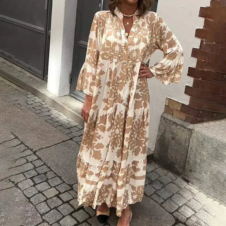 Women's Baroque Print Boho Maxi Dress with elegant lantern sleeves, flowy tiered skirt, and V-neck, perfect for summer.