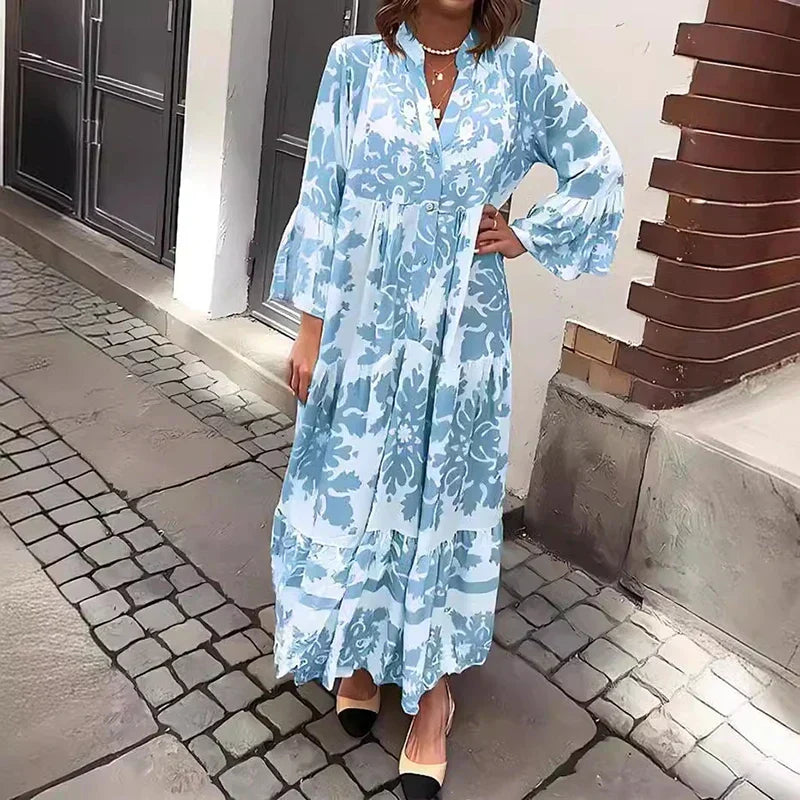 Bohemian Baroque Print Maxi Dress for women, featuring a flattering V-neck, long lantern sleeves, and a tiered flowy design.