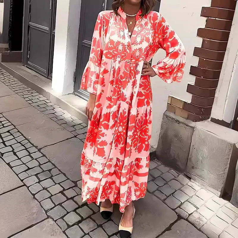 Elegant Women's Baroque Print Maxi Dress, ideal for vacation wear. Features a v-neck, button-down front, and romantic lantern sleeves.