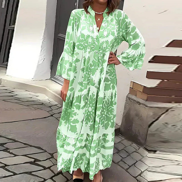 Long Boho Maxi Dress with unique Baroque print, button-down V-neck, tiered skirt, and stylish lantern sleeves for women.