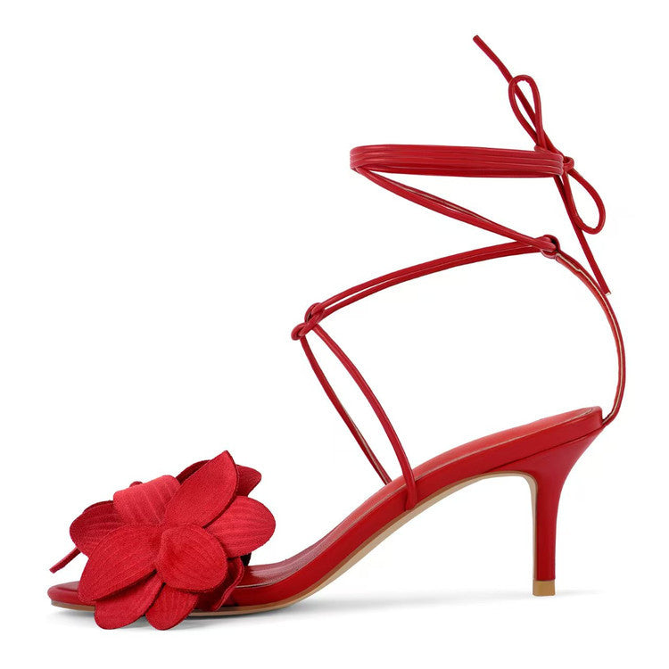Elegant Beatrice women's dress sandals. Strappy open-toe kitten heels with beautiful floral appliqué & ankle-tie detail.