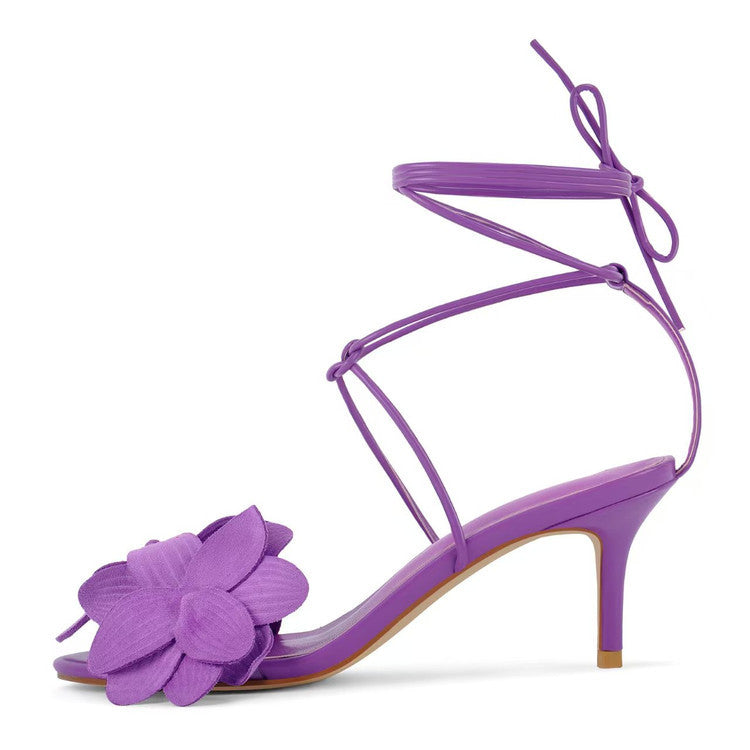 Full view: Women's Beatrice strappy kitten heel sandals. Elegant, open-toe design with floral details & an ankle tie.