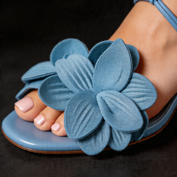 Stylish Beatrice women's kitten heel sandals. Strappy, open-toe design with floral accents, an ankle tie. Ideal for summer evenings.
