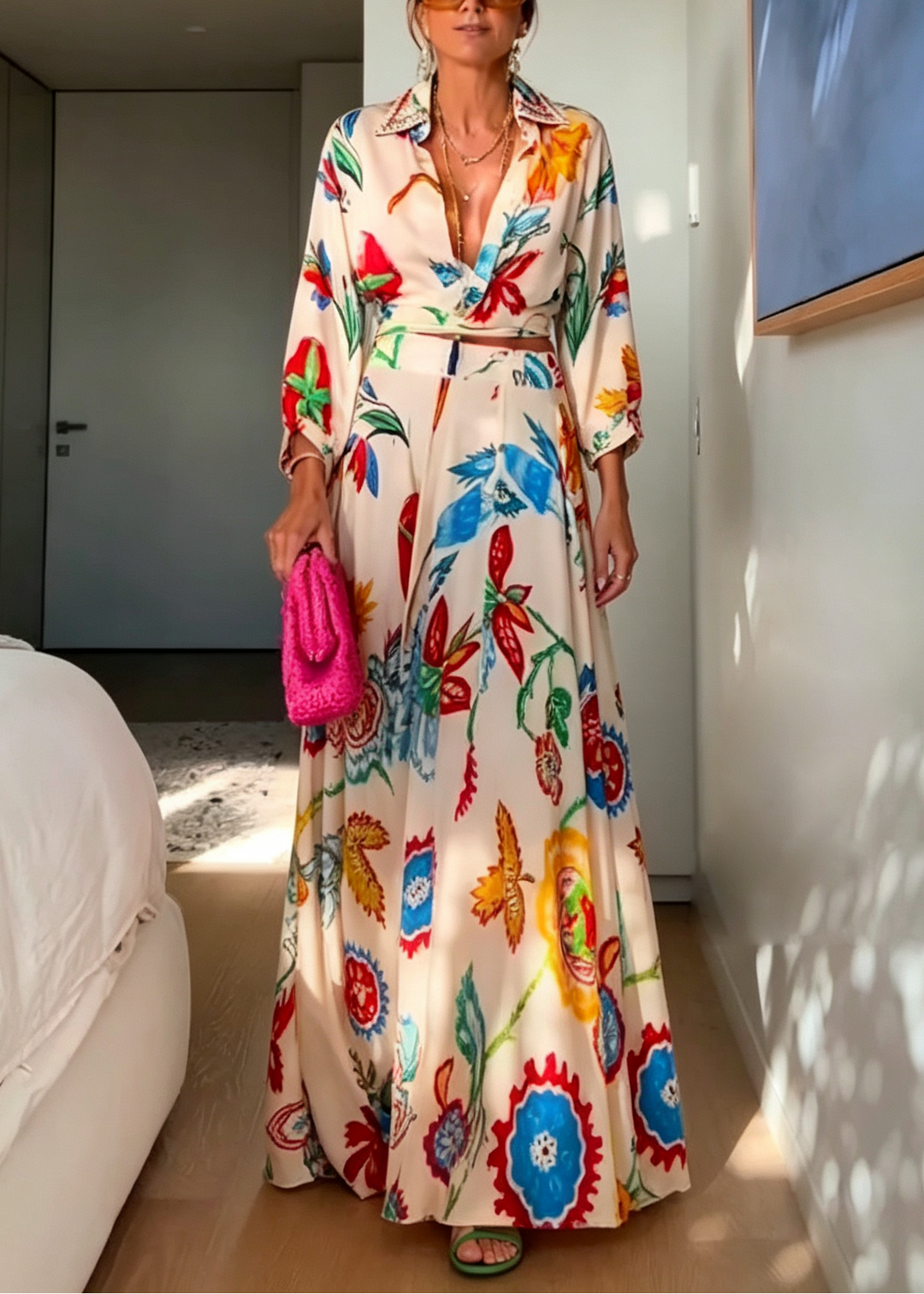Elegant women's floral print long sleeve tie-front shirt & matching high-waisted maxi skirt beach outfit.
