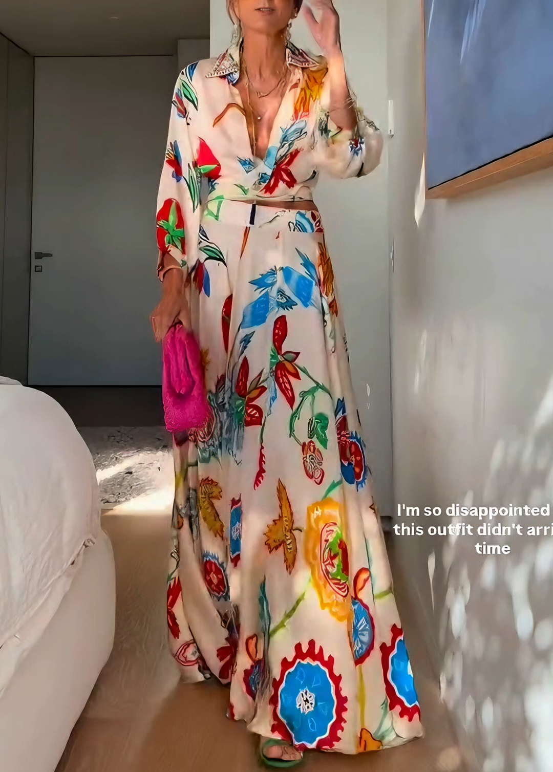 Women's floral print tie-front shirt with beaded collar & high-waist maxi skirt set, ideal for resort wear.