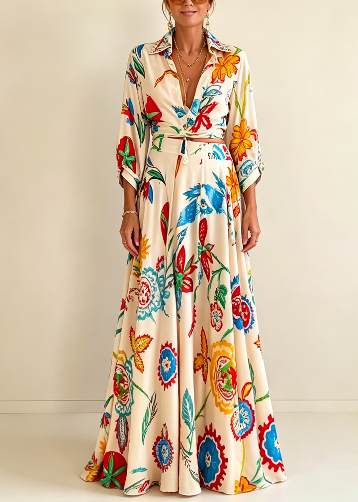 Floral print women's long sleeve tie-front shirt & high-waisted maxi skirt set. Perfect for summer beach fashion.
