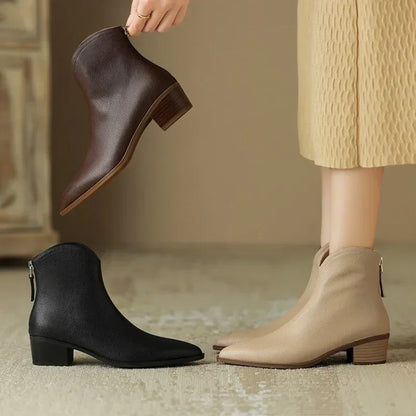 Premium women's ankle boots, pointed toe, low heel, ensuring stylish and comfortable footwear.