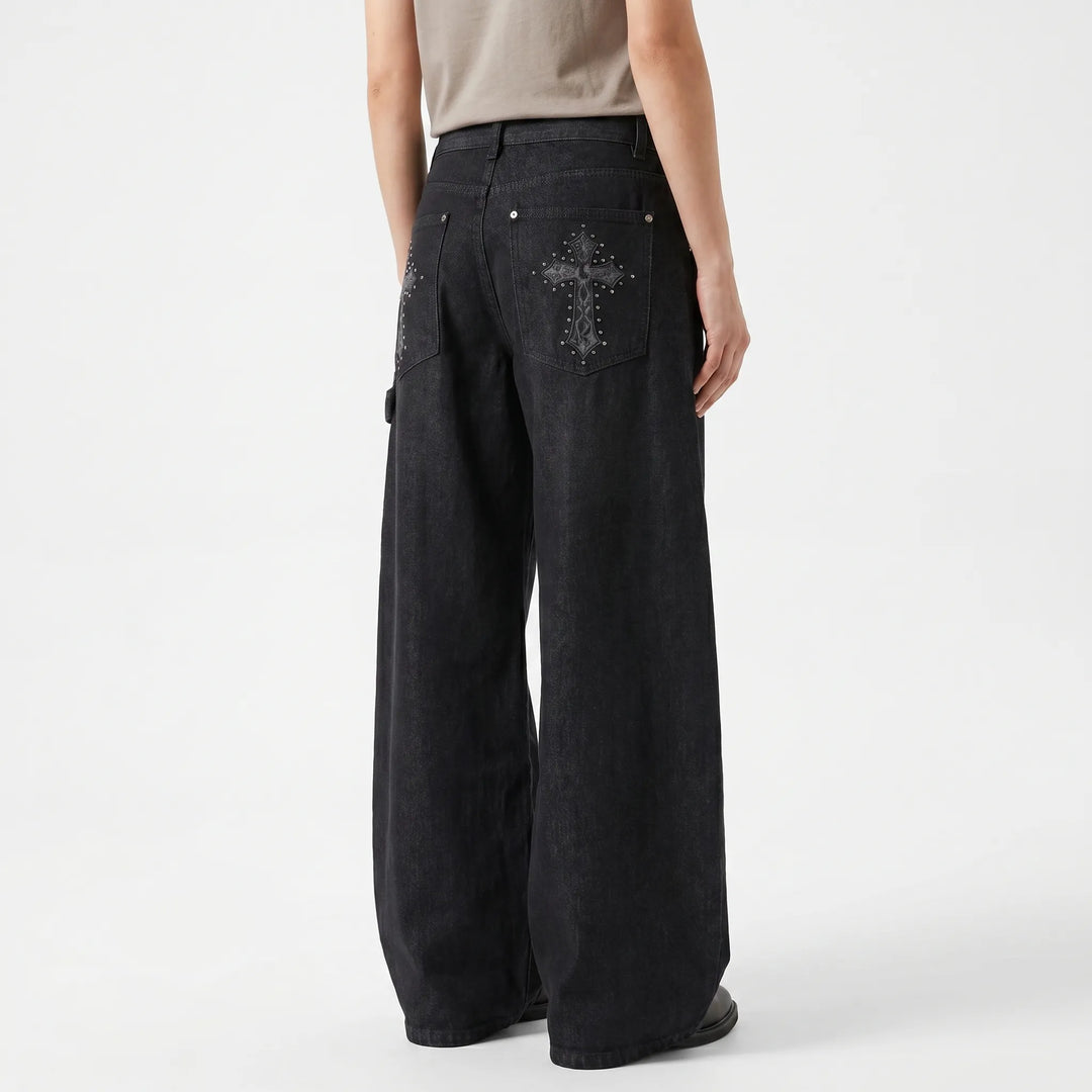 Low-rise women's baggy wide-leg black pants with studded details, ideal for punk rock style.