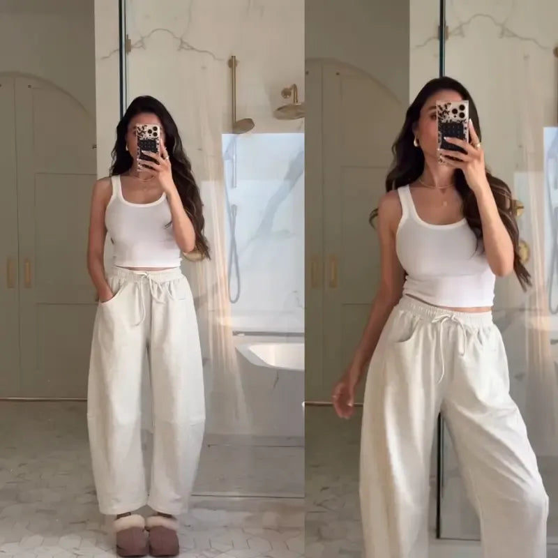 Effortless comfort: Women's barrel-leg pants with a relaxed fit and drawstring waist, ideal for chic casual outfits.