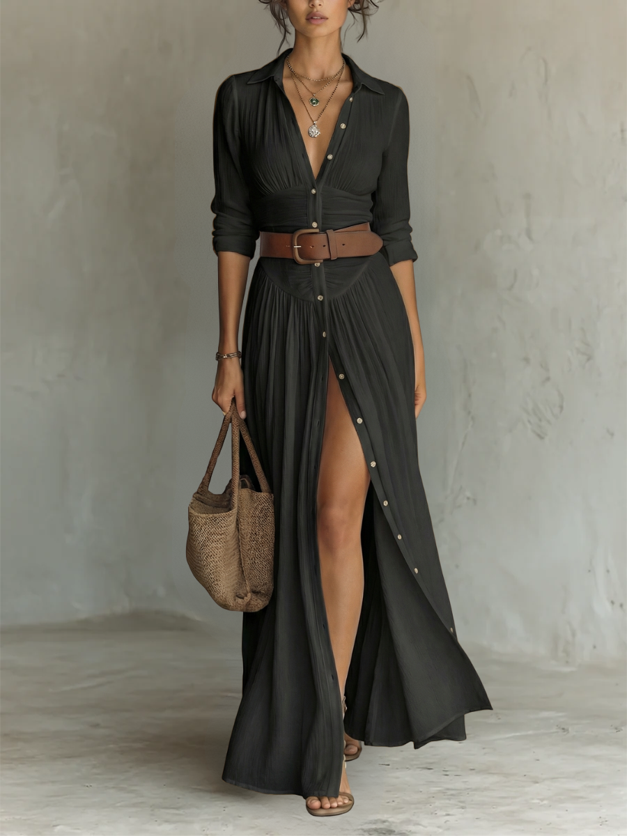 Women's Black Bohemian Maxi Dress with collared button front, long sleeves & side slit. Ideal for boho chic vacation resort wear.