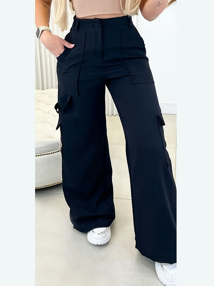 Women's black cargo wide leg pants, high waist, comfortable & trendy for everyday casual wear. Features stylish pockets.