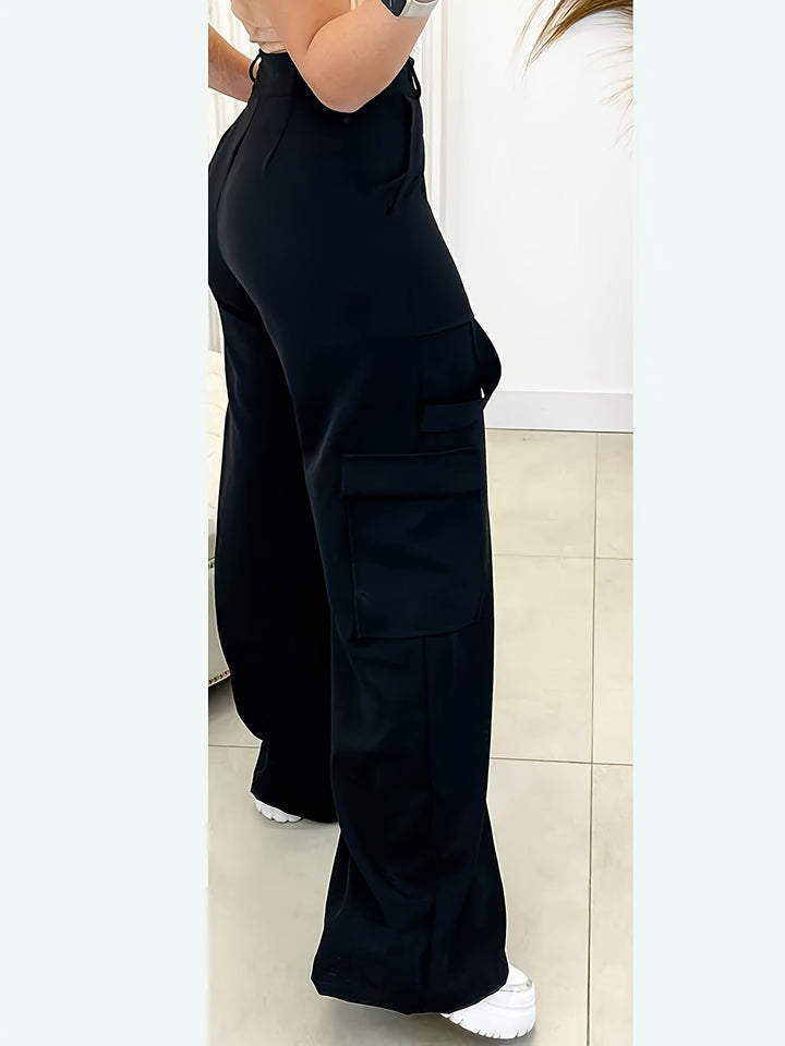 Black cargo wide leg women's pants with stylish pocket details. High-waisted & comfortable, ideal for casual trendy fashion.
