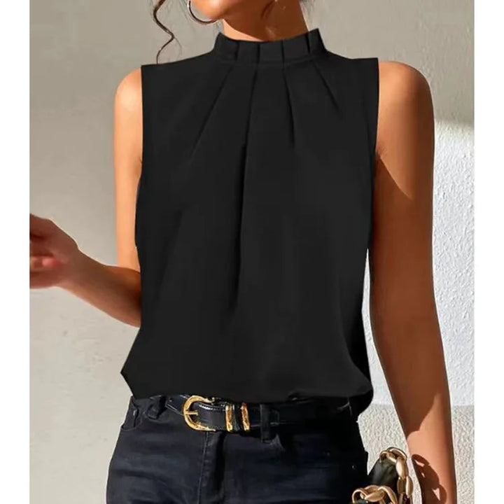 Women's black casual pleated top with elegant flared sleeves & high collar. Versatile for office or fall fashion.