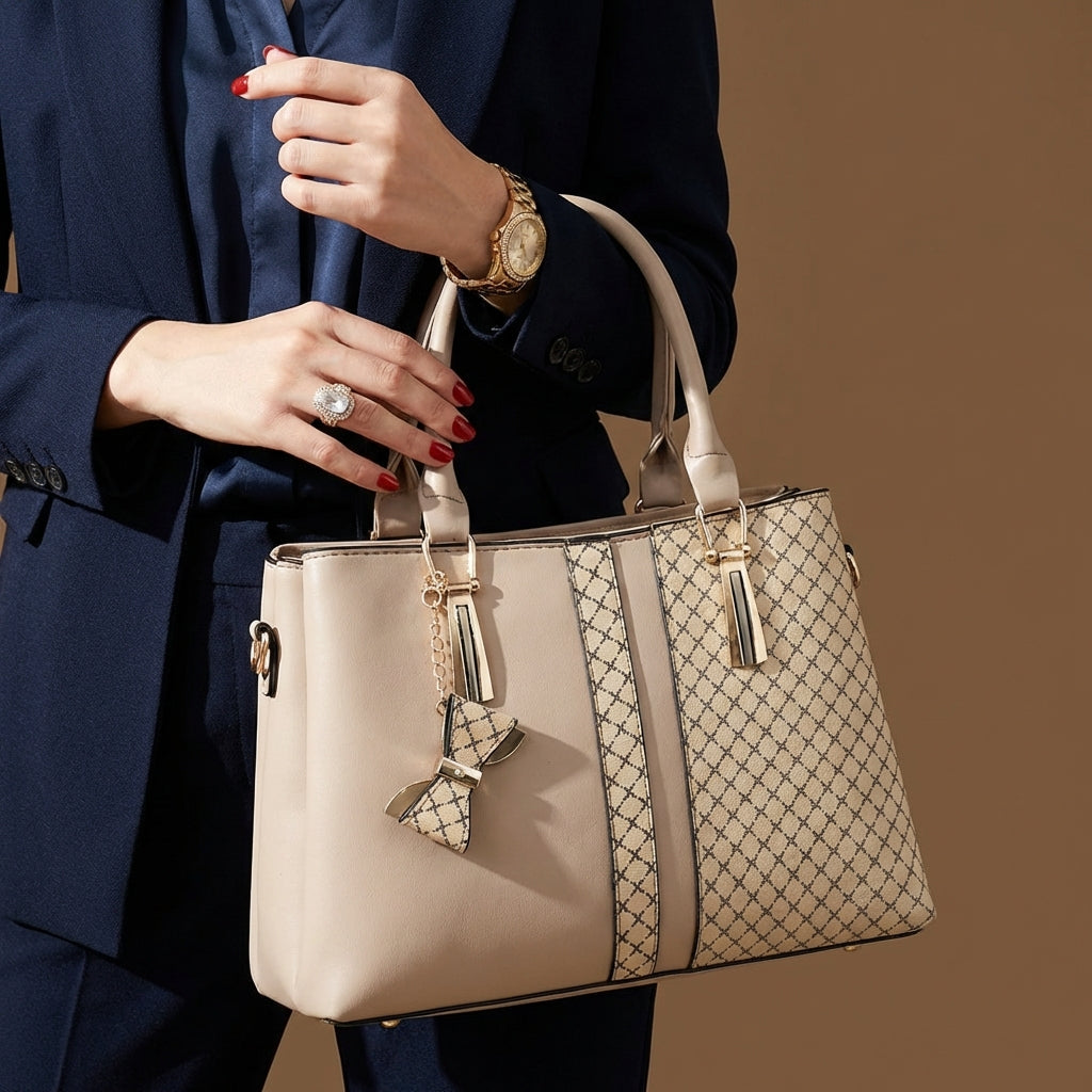 Fashionable woman carrying a black convertible shoulder bag. Perfect everyday versatile accessory.
