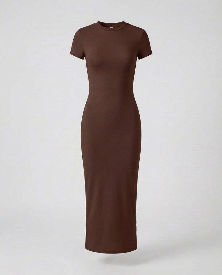 Comfortable & sleek women's crew neck short sleeve fitted maxi dress for effortless everyday style.
