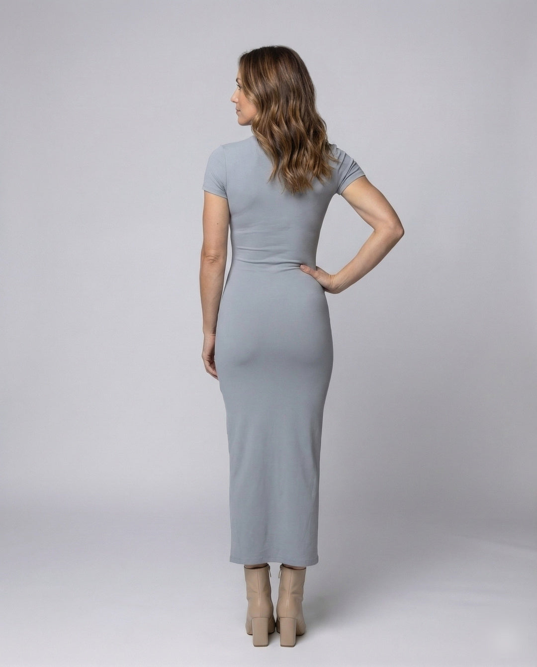 Soft knit women's crew neck short sleeve bodycon maxi dress, comfortable & chic everyday style.