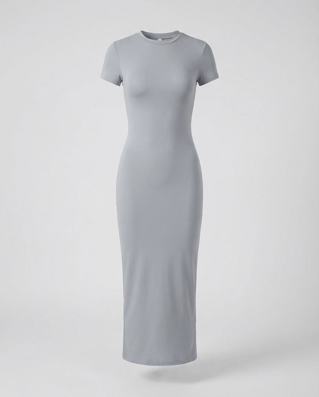 Front view of a simple yet stylish women's crew neck short sleeve bodycon maxi dress, a wardrobe staple.
