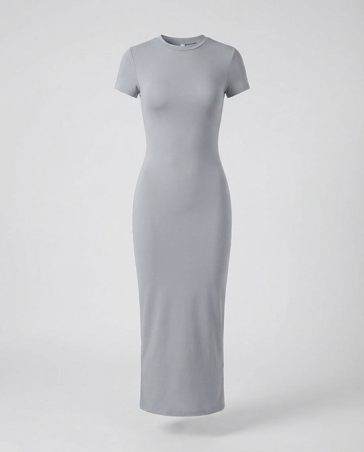Front view of a simple yet stylish women's crew neck short sleeve bodycon maxi dress, a wardrobe staple.
