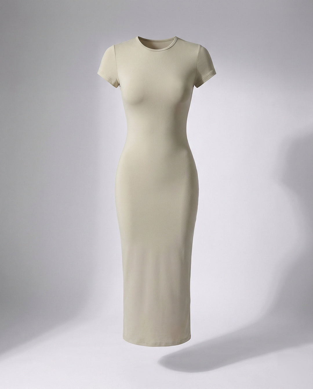 Back view of a sleek women's fitted bodycon maxi dress with short sleeves, showing its elegant design.