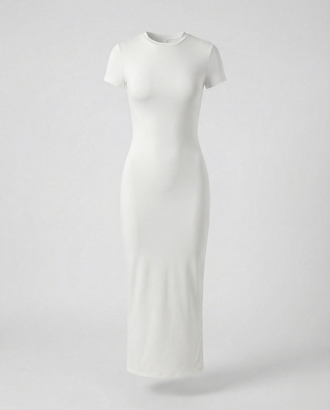 Side profile of a women's fitted short sleeve maxi dress, highlighting its flattering bodycon silhouette.