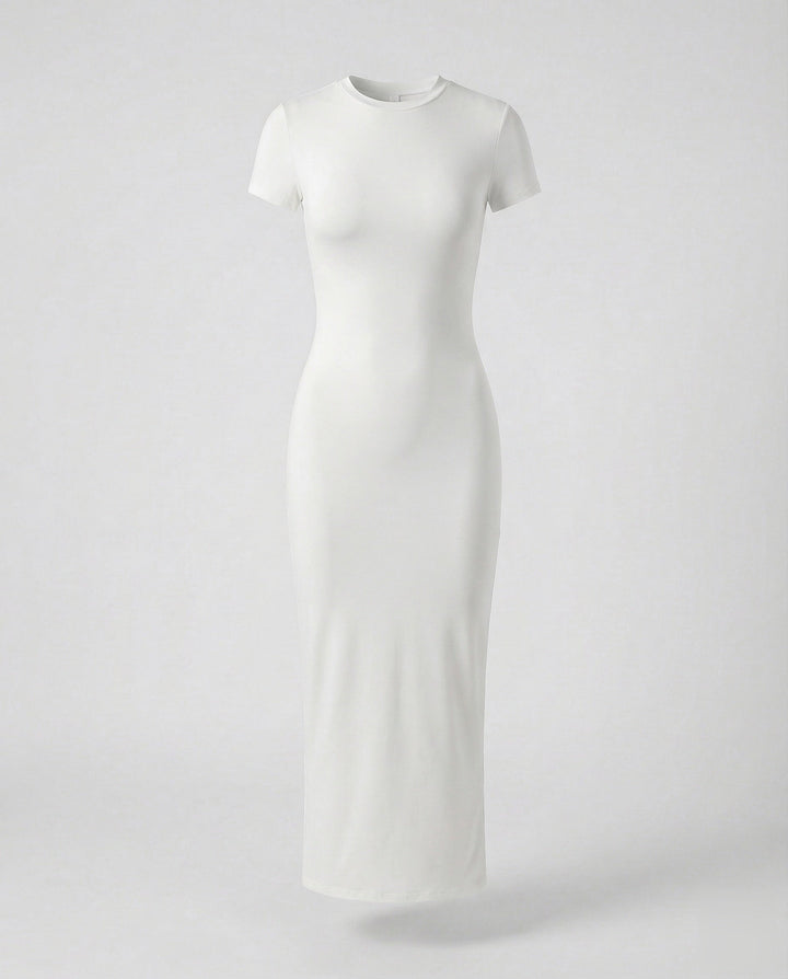 Side profile of a women's fitted short sleeve maxi dress, highlighting its flattering bodycon silhouette.