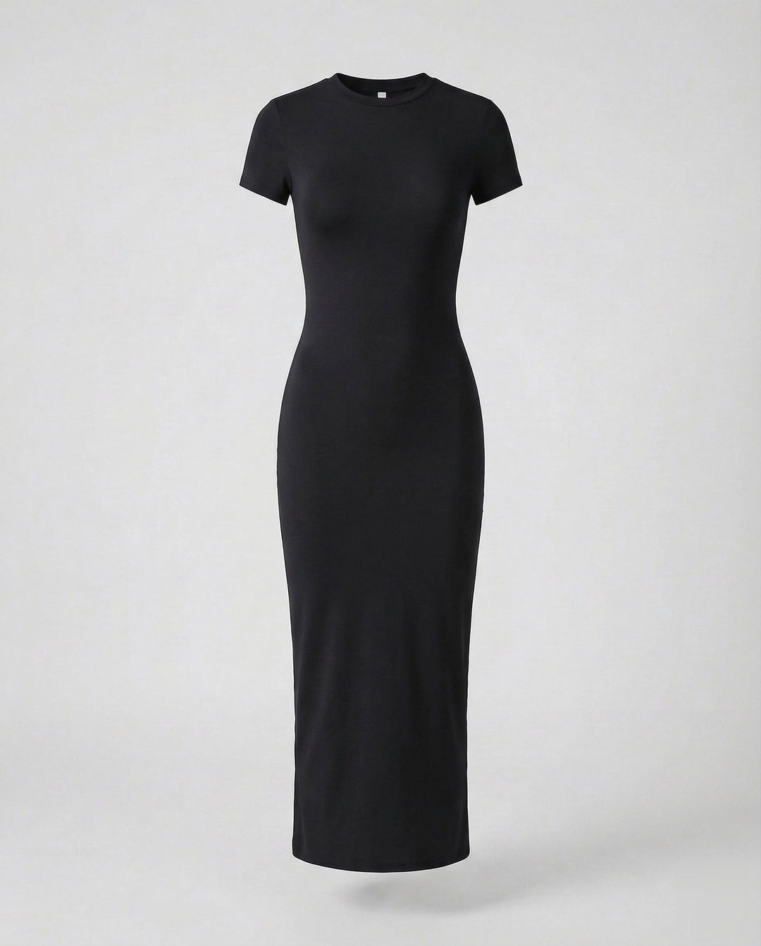 Model in a versatile women's crew neck bodycon maxi dress, ideal for many casual or dressy occasions.