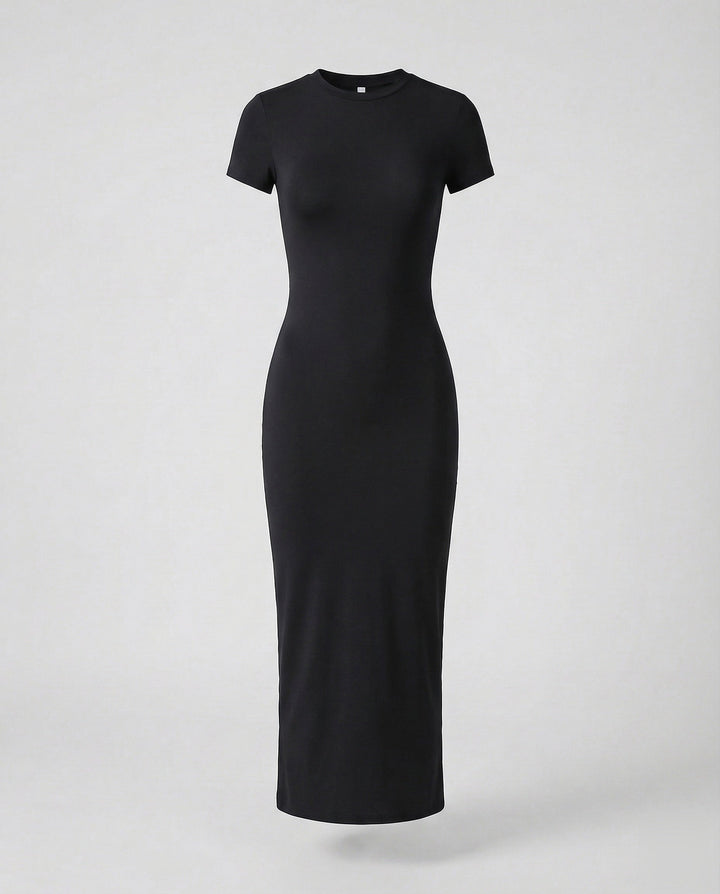 Model in a versatile women's crew neck bodycon maxi dress, ideal for many casual or dressy occasions.