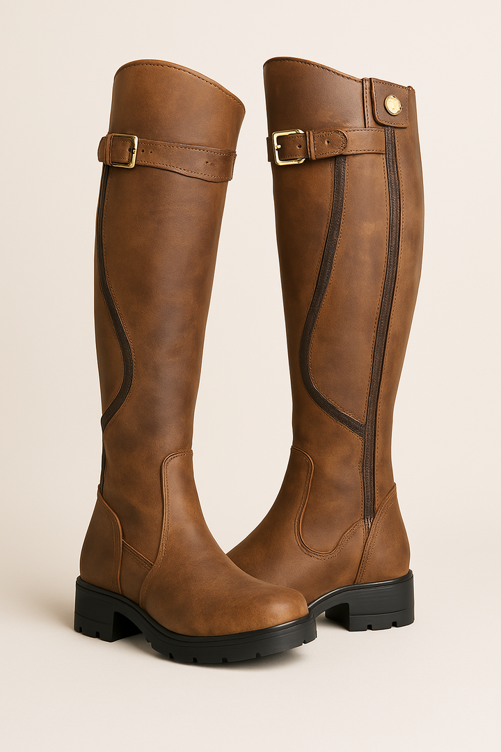 Women's black equestrian knee-high riding boots with gold buckle, lug sole, and block heel for fall.