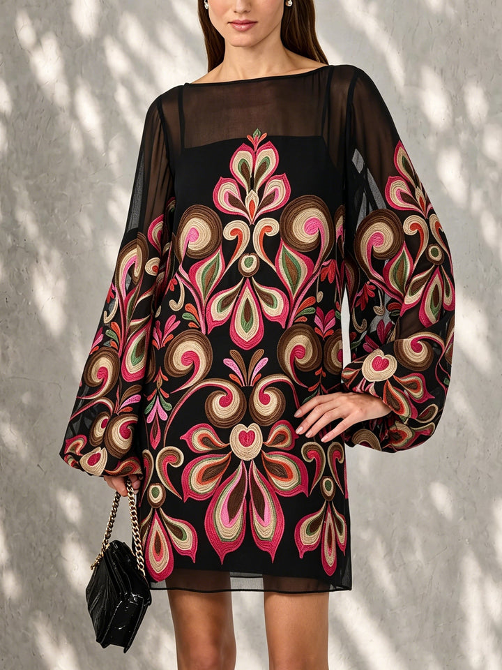 Women's black floral mini dress featuring sheer balloon sleeves, perfect for evening or party wear.