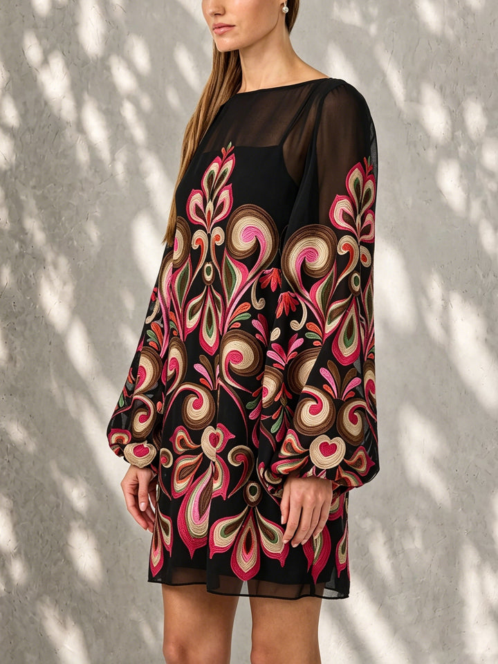 Elegant black floral mini shift dress with stylish sheer balloon sleeves and boat neck for women.