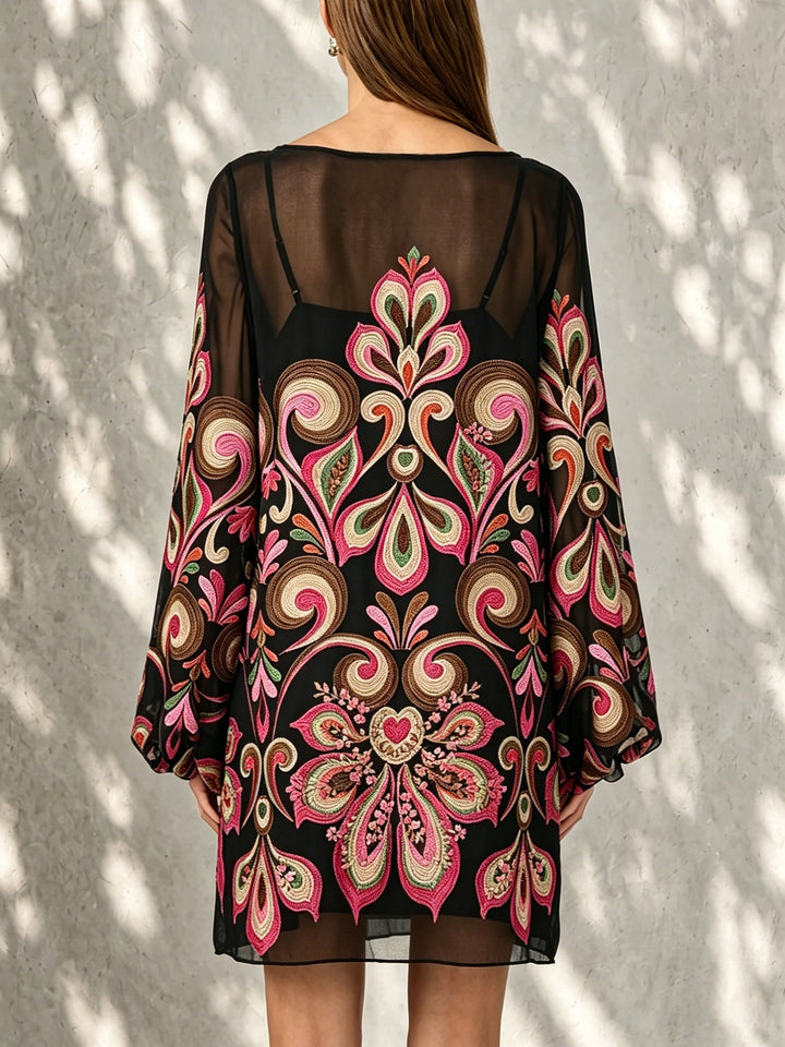 Chic black floral party mini dress for women with trendy sheer balloon sleeves and flattering fit.
