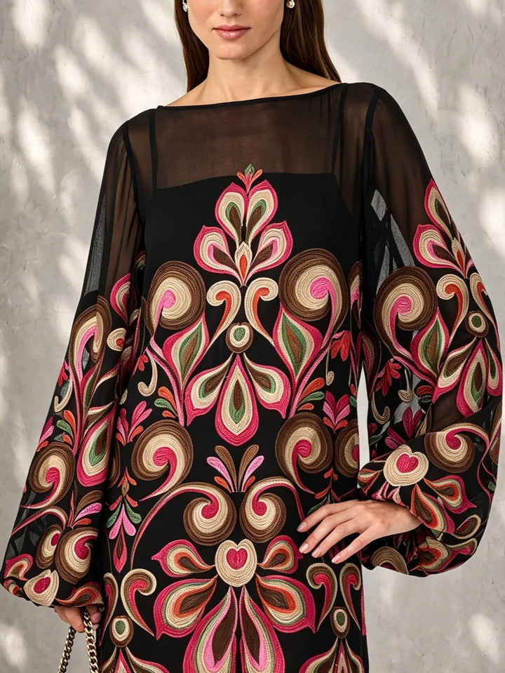 Sophisticated women's black mini dress, adorned with a delicate floral pattern and sheer balloon sleeves.