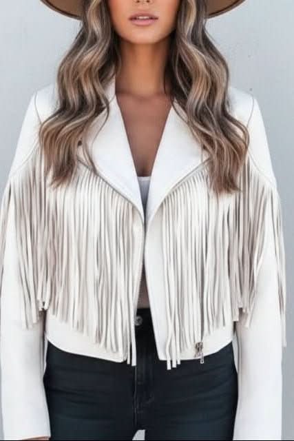 Bold women's fringed moto jacket, perfect for adding an edgy style statement to any spring or fall outfit.