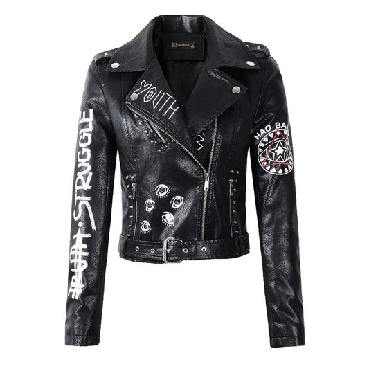 Women's black jacket with edgy silver rivet details, perfect for a stylish and versatile outerwear statement.
