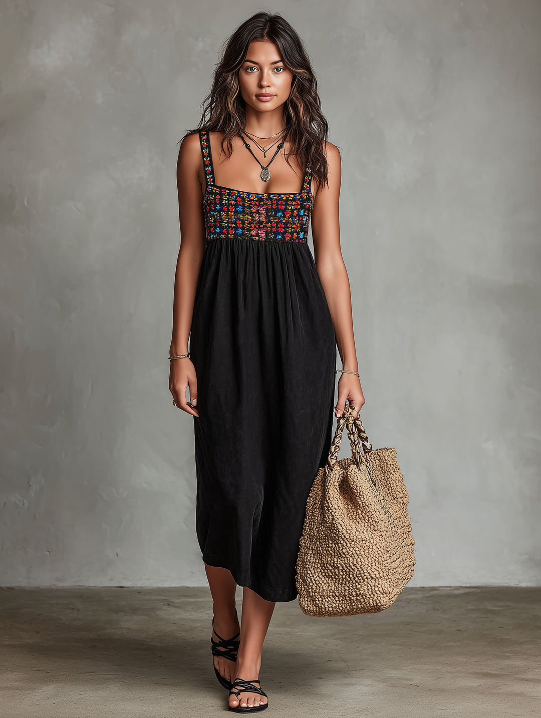 Chic women's black sleeveless midi dress, square neck, with beautiful floral embroidery; ideal for parties or holidays.