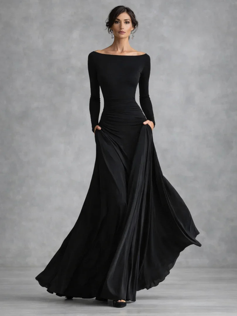Women's black off-shoulder long sleeve maxi evening dress, perfect for formal events.