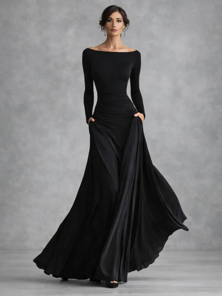 Women's black off-shoulder long sleeve maxi evening dress, perfect for formal events.