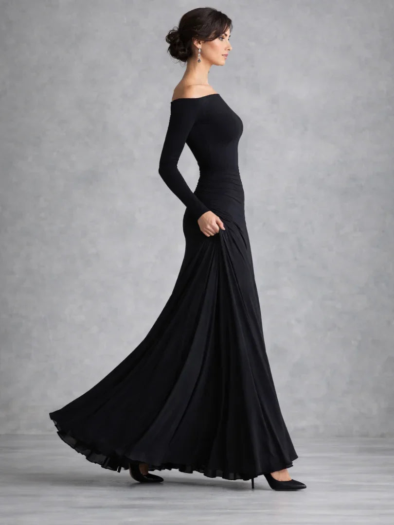 Elegant women's off-shoulder long sleeve black maxi dress, perfect for galas & parties.