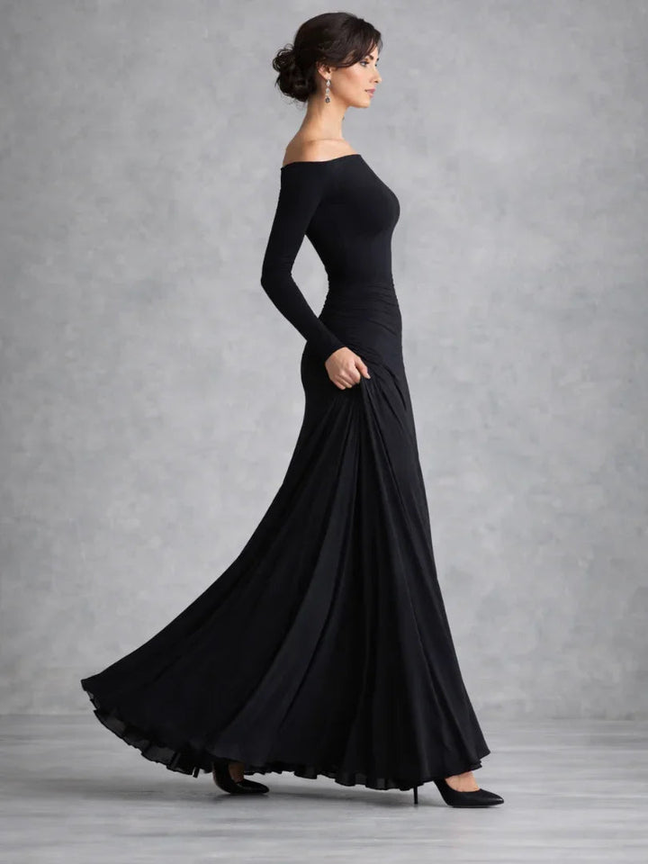 Elegant women's off-shoulder long sleeve black maxi dress, perfect for galas & parties.