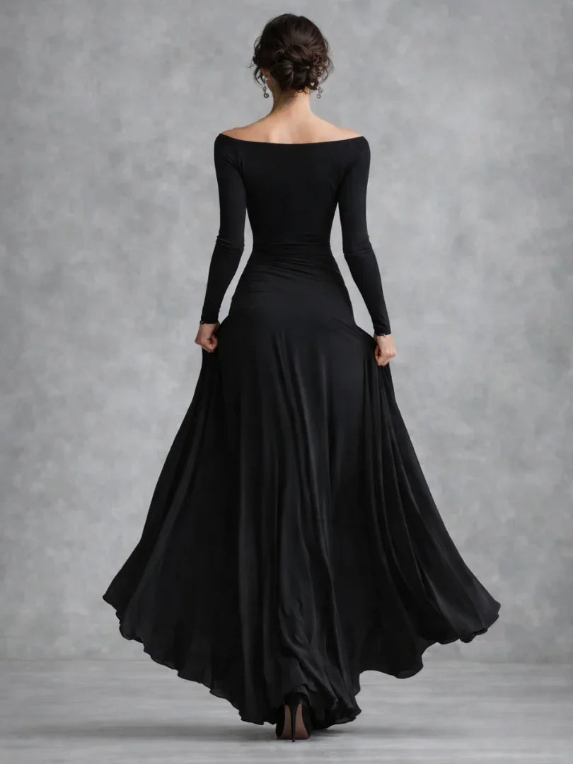 Stylish women's black off-shoulder long sleeve formal maxi dress, elegant & flattering.