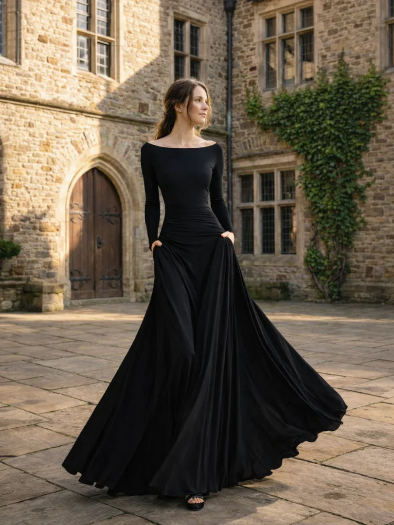 Black off-shoulder long sleeve maxi dress for women, ideal for wedding guests & evening parties.