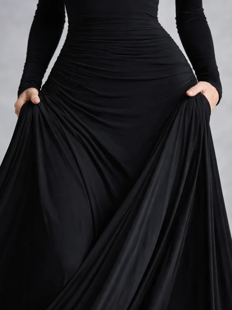 Women's formal black off-shoulder long sleeve maxi dress, a classic choice for evening wear.
