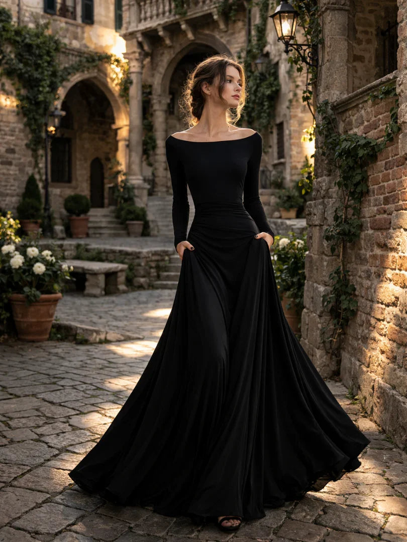 Sophisticated women's off-shoulder black long sleeve maxi dress, perfect for formal occasions.