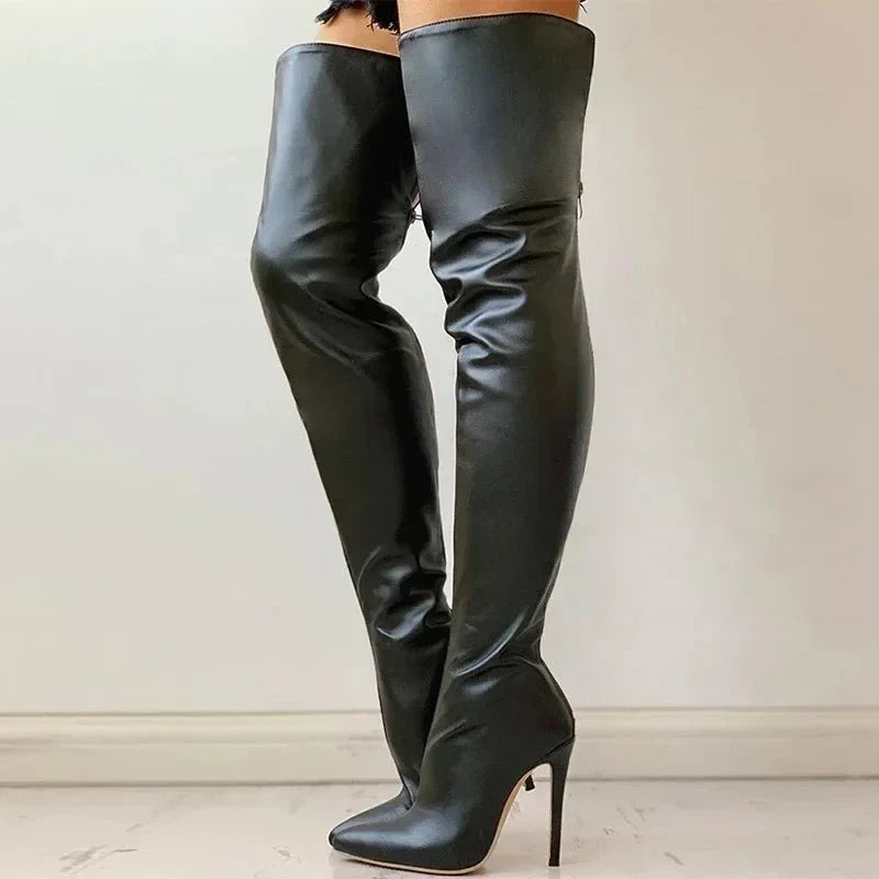 Daring red over-the-knee stiletto boots for women, featuring a chic pointed toe and a sleek, slim fit design.